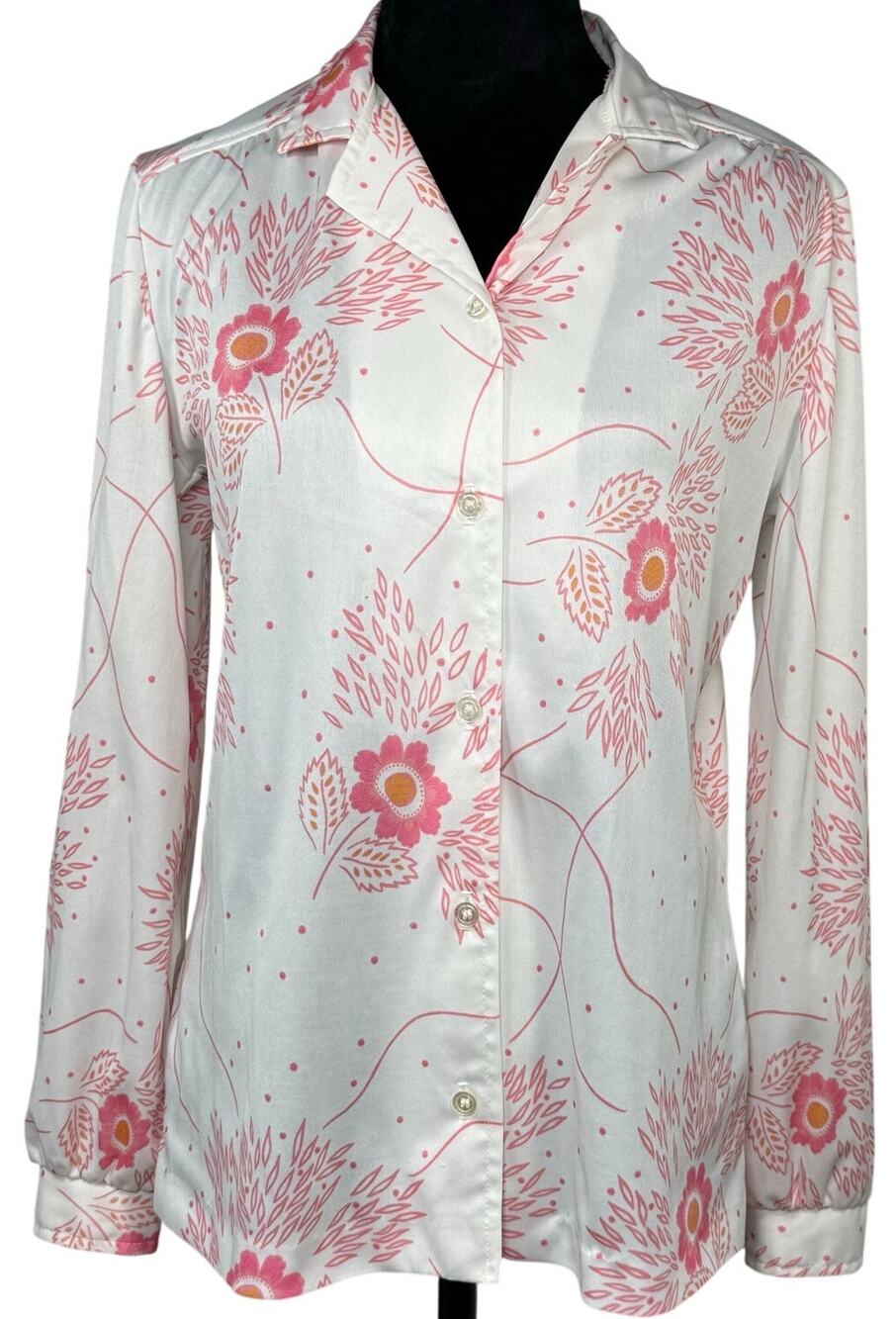 Vintage 70s Devon Pink Floral Button Front Blouse Long Sleeve Women’s S/M